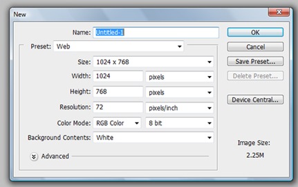 New Photoshop document using a web preset
