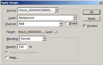 The Apply Image tool. Your window may show the blending mode as Multiply instead. Using either the Multiply or Normal blending mode is fine. They will both produce the same result if the layer mask is white.