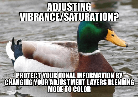 Adjusting vibrance/saturation? Protect your tonal information by changing your adjustment layers blending mode to color
